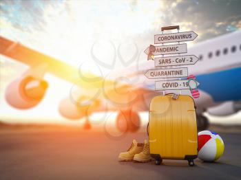 Coronavirus crisis in travel and tourism industry concept.  Airplane, suitcase and arrows with  travel directions closed due to pandemic. 3d illustration