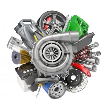 Auto service and car repair workshop concept. Car parts, spares and accesoires. 3d illustration