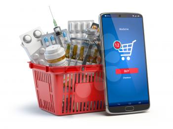 Mobile service or app for purchasing  medicines in online pharmacy drugstore. Smartphone and shopping basket full of medicines. 3d illustration