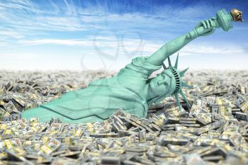 Crisis and inflation in USA, no limit on Fed money injections. Statue of Libety falls to pile of dollar packs. 3d illustration