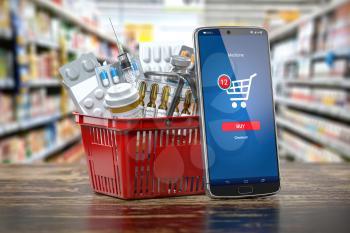 Mobile service or app for purchasing  medicines in online pharmacy drugstore. Smartphone and shopping basket full of medicines. 3d illustration