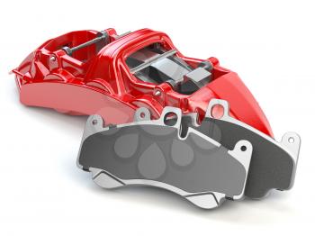 Car brakes. Red caliper and pads. Dsk braking system parts. 3d illustration