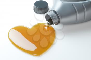 Motor oil canister with a drop of motor oil in the form of heart. 3d illustration