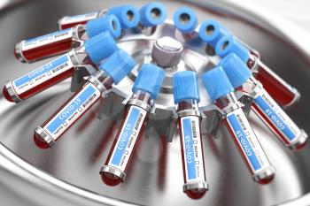Coronavirus COVID-19 blood test samples tubes in centrifuge. Diagnostic medical laboratory. 3d illustration