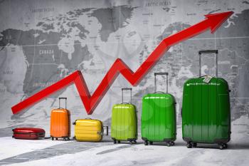 Growth travel and tourism industry. Graph and diagram from suitcases on the map of world. 3d illustration