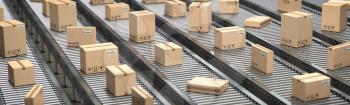 Cardboard boxes on the conveyor belt. Production, storage and delivery concept background. 3d illustration