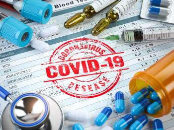Covid 19 coronavirus desease diagnosis. Medicine with test blood results and stamp covid-19. 3d illustration