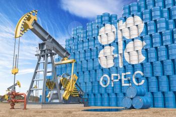 OPEC  Organization of the Petroleum Exporting Countries. Oil pump jack and oil barrels with OPEC flag. 3d illustration
