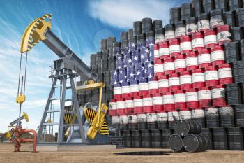 Oil production and extraction in USA. Oil pump jack and oil barrels with United States flag. 3d illustration