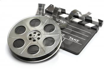 Film reel with clapper board. Video, movie and cinema production concept. 3d illustration