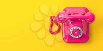 Vintage pink telephone on yellow background. 3d illustration