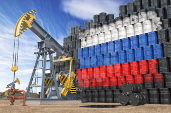 Oil production and extraction in Russia. Oil pump jack and oil barrels with Russia flag. 3d illustration