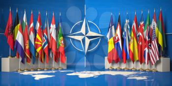 NATO. Flags Of members Of North Atlantic Treaty Organization and symbol of NATO. 3d illustration