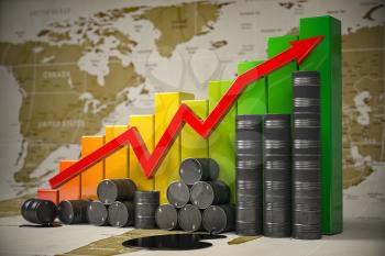 Oil barrels and growth graph on world map background. Oil price or production increase concept. Growth of oil and petroleum ndustry. 3d illustration