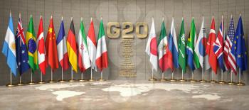 G20 summit or meeting concept. Row from flags of members of G20 Group of Twenty and list of countries in a conference room. 3d illustration