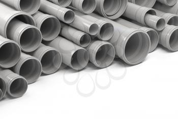 PVC plastic pipes and tubes stacked in warehouse. 3d illustration