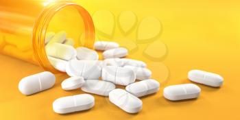 Pills and orange pill bottle on yellow background with copy space.  Prescription drugs. 3d ilustration
