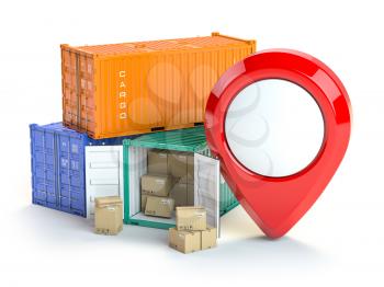 Cargo containers and pin isolated on white. Delivery, shipping and storage service. 3d illustration