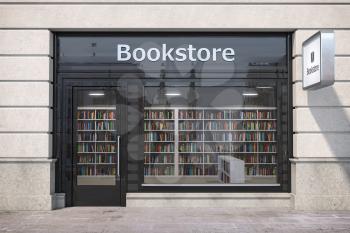 Bookstore shop exterior with books and textbooks in showcase. 3d illustration
