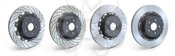 Different types of brake disks. Drilled and slotted brake disks in a row. 3d illustration