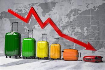 Crisis in travel and tourism industry. Graph and diagram from suitcases on the map of world. 3d illustration