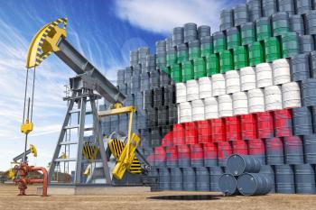 Oil production and extraction in Kuwait. Oil pump jack and oil barrels with Kuwait flag. 3d illustration