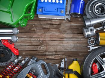 Car parts, spares and accesoires on wooden table. Auto service and car repair workshop concept. 3d illustration