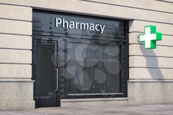 Pharmacy store or drugstore exterior design. 3d illustration