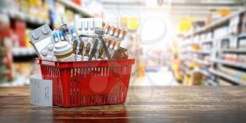 Purchasing medicines in  pharmacy drugstore. Shopping basket full of medicines, pills and blisters. 3d illustration