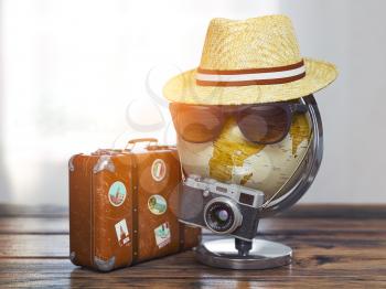 Tourism and travel concept. Globe with summer hat, sunglasses photo camera and vintage suitcase. ready to trip. 3d illustration