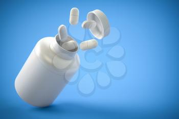Pills and pill bottle on yblue background with copy space.  Prescription drugs. 3d ilustration