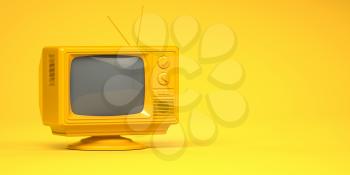 Yellow vintage tv set on yellow background. 3d illustration