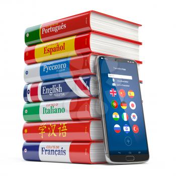 Mobile dictionary, translator  and e-learning.concept . Learning languages online.  Smartphone and books with language courses. 3d illustration