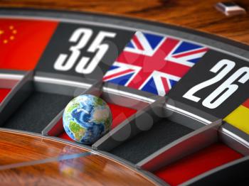 Learning English language concept. Earth as a ball of casino roulette with UK Great Btitain flag in winning number. 3d illustration