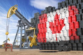 Oil production and extraction in Canada. Oil pump jack and oil barrels with UCanadian flag. 3d illustration