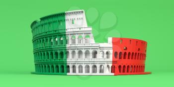Colosseum or Coliseum in colors of italian Ffag on green background. Symbol of Rome and Italy. 3d illustration