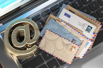 Email sign and letters on laptop keyboard. E-mail concept. 3d illustration
