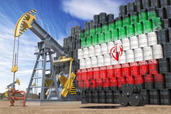 Oil production and extraction in Iran. Oil pump jack and oil barrels with UIranian flag. 3d illustration