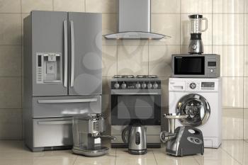 Set of home kitchen appliances on the wall background. Household kitchen technics. 3d illustration