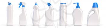 Set of detergent plastic bottles with chemical cleaning product isolated on white background. 3d illustration
