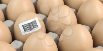 Chicken egg with barcode sticker. Quality control concept. 3d illustration
