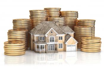 Saving money for buy a house for family. Real estate investments and mortgage concept. House and stack of coins. 3d illustration