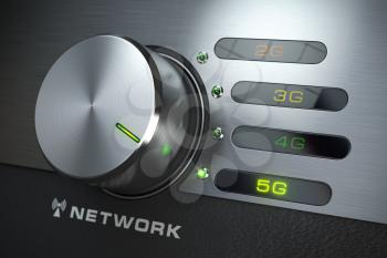 5G network. Switch knob with different telecommunication standarts in mobile network. 3d illustration