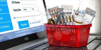 Shopping basket with pills and drugs and on a laptop keyboard.  Buying medicines online. 3d illustration