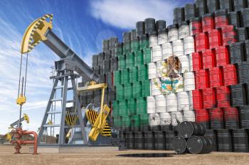 Oil production and extraction in Mexico. Oil pump jack and oil barrels with Mexican flag. 3d illustration