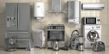 Set of home kitchen appliances on the wall background. Household technics. 3d illustration