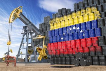 Oil production and extraction in Venezuela. Oil pump jack and oil barrels with Venezuelan flag. 3d illustration