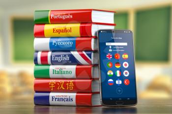 Mobile dictionary, translator  and e-learning.concept . Learning languages online.  Smartphone and books with language courses. 3d illustration