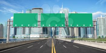 Road signs on a highway to city downtown with skyscrapers. 3d illustration