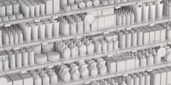 White supermarket shelf with cosmetics products, bottles, tubes, boxes, personal care products. 3d illustration